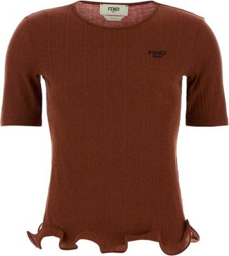 Fendi Red Crew Neck Logo Ribbed Top