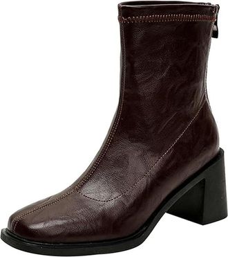 Generic Womens Dressy Ankle Boots, Retro Square Toe Chunky Heels Leather Ankle Boots, Block Heel Short Booties with Back Zipper for Casual Outings (Brown,3.5)