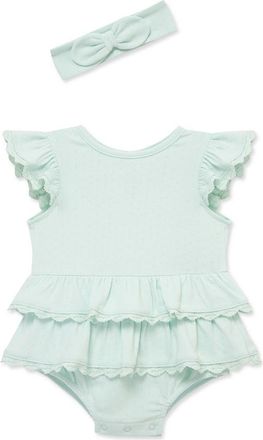 Little Me Aqua Lace Bubble Bubble Romper & Headband Set at Nordstrom, Size 12M