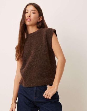 Asos Maglione senza maniche color cioccolato premium in lana e lana dalpaca-Marrone