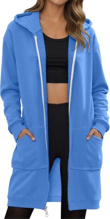 Generic Womens Long Hoodies Zip Up Longline Hooded Sweatshirt Jacket With Pockets Thin Fleece Casual Hoody Solid Color Comfortable Hood Sweatshirts Fashion Da