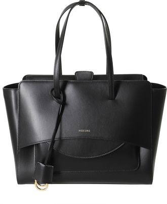 Hidesins Black Structured Flap L Gold Logo Leather Shoulder Bag