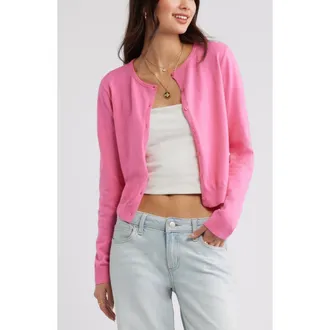 BP. Crewneck Cotton Blend Cardigan in Pink Azalea at Nordstrom, Size Xx-Small