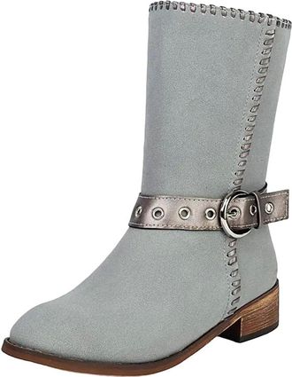Generic Womens Casual Mid Calf Boots Round Toe Med Block Heel Slip On With Platform And Decorative Metal Buckles Daily Wear
