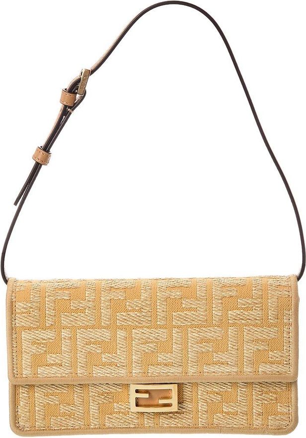 Fendi Baguette Ff Jacquard Raffia & Leather Wallet On Chain