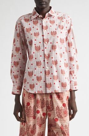 Comme Des Gar&ccedil;ons Polka Dot Floral Gingham Cotton Poplin Button-Up Shirt in Pink at Nordstrom, Size Medium