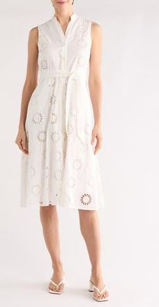 T Tahari Embroidered Eyelet Sleeveless Cotton Midi Dress in White Star at Nordstrom Rack, Size 10