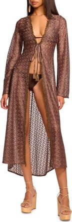 Ramy Brook Fatima Metallic Long Sleeve Sheer Cover-Up Maxi Dress in Brown/Gold Zig Zag at Nordstrom, Size Small