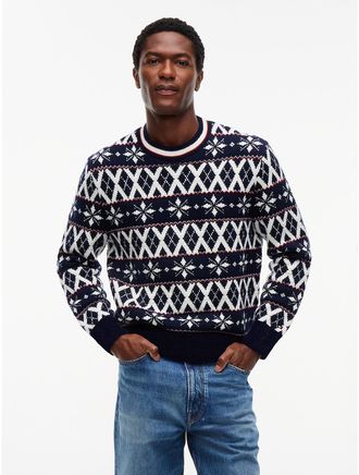 Tommy Hilfiger Mens Fair Isle Wool-Blend Crewneck Sweater - Blue Ivory - XL