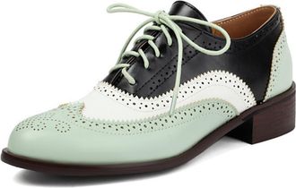 Generic Womens Tri Color Lace Up Oxford Shoes with Wingtip Brogue Perforation, Round Toe, Low Chunky Heel, Cushioned Insole, Classic Vintage Design,Green,3.5 