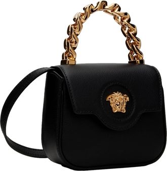 Versace Womens Top Handle Mini Vitello Leather Handbag In Black