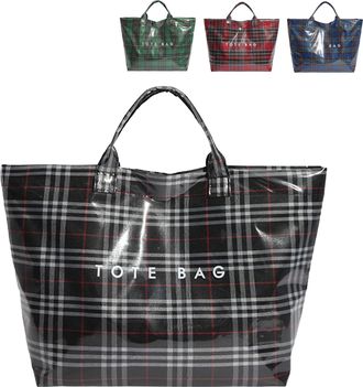 Generic Christmas Plaid PVC Tote Bag for Women, Letters Print Tote Bag, Durable Plastic Bags for Christmas Shopping (D)