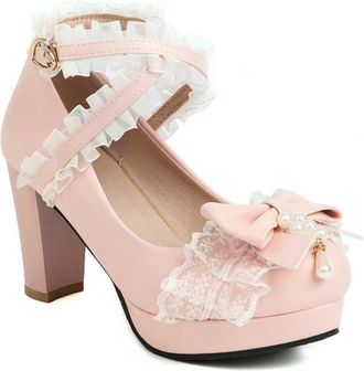 Generic Womens Lolita Style Pumps Block Heel Platform Shoes Lace Cross Strap Heels with Bow,Pink,7.5 UK