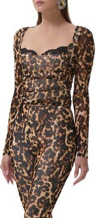 AFRM Marcello Peekaboo Lace Trim Mesh Top in Winter Animal at Nordstrom Rack, Size X-Small