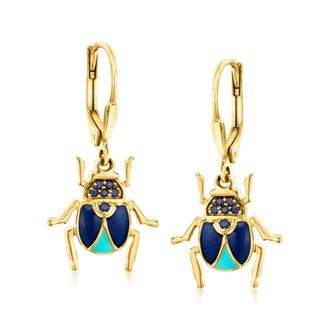 Ross-Simons Sapphire Insect Drop Earrings With Tonal Blue Enamel in 18kt Gold Over Sterling