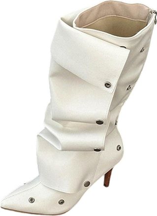 Generic White Ladies Fashionable Button Splicing High Heel Pointed Thin Heel Long Tube Stacked Boots for Comfortable Outdoor Wear with Stylish Detail