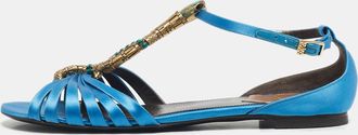 Roberto Cavalli Blue Satin Snake Logo T-Strap Flat Sandals