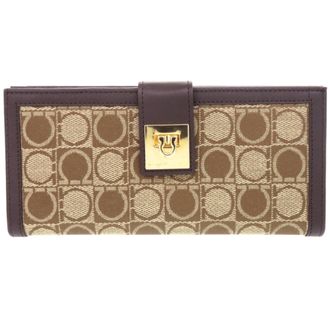 Ferragamo Beige Brown Jacquard Leather Long Wallet (Tri-Fold) (Pre-Owned)