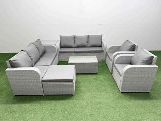 Fimous PE Rattan High Back Lounge Sofa Set Patio Coffee Table & Chairs Set with 3 Seater Sofa Reclining Chair Big Footstool Side Table Light Grey