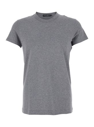 Dolce & Gabbana Grey Crewneck T-shirt With Tonal Logo Lettering Embroidery On The Front In Cotton Stretch Man