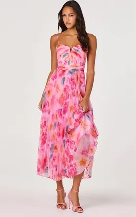 Astr Ayla Floral Pleated Midi Dress In Pink