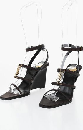 Saint Laurent Leather Wedge Sandals with Front Monogram and 10cm Heel Saint Laurent