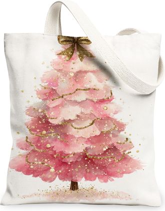 Generic Christmas Peach Tree Canvas Tote Bags, Floral Holiday Design Lightweight Reusable Bags, Vintage Chic Washable Shoulder Stra, Peach, 13x15 Inch