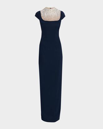Badgley Mischka Rhinestone-Yoke Column Gown