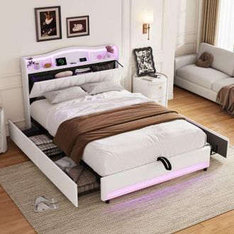 OEM Cama Doble - Tama&ntilde;o Queen 160x200 Cm - Terciopelo Beige - 4 Cajones Y Cabecero Con Almacenamiento - Led Multicolor + Usb/type-c