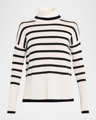 Neiman Marcus Cashmere Striped Rib Knit Turtleneck