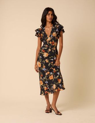 Nobody's Child Black Floral Frill Sleeve Layla Midi Dress
