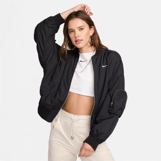 Nike Womens Ribbed Cuff Relaxed Fit Bomber Jacket with Hand Pockets in Black/White - Size 8 UK