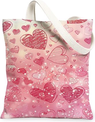 Generic Heart Pattern Canvas Tote Bags, Romantic Design Reusable Grocery Bags, Spring Lightweight Washable Shoulder Strap Canvas Fo, Peach, 13x15 Inch