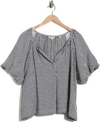 Max Studio Bubble Sleeve Split Neck Top in Black /White at Nordstrom Rack, Size X-Large