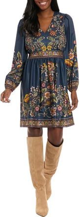 London Times Printed Long Sleeve Fit & Flare Dress in Denim/Pink at Nordstrom Rack, Size X-Large