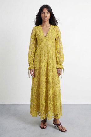Warehouse Womens Embroidered Organza Open Back Detail Maxi Dress - Yellow - Size 14 UK