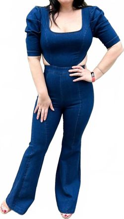 Flying Tomato Square Neckline Denim Jumpsuit In Medium Indigo