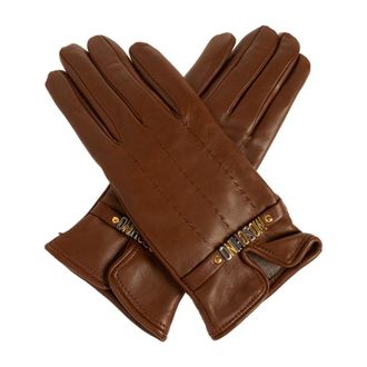 Moschino Accessoires, Dames, Bruin, XL, Wol, Lederen handschoenen met logo