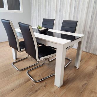 Kosy Koala Kosy Koala - Dining Table and 4 Chairs White Black Wood 4 Leather White Black Chairs Dining Room