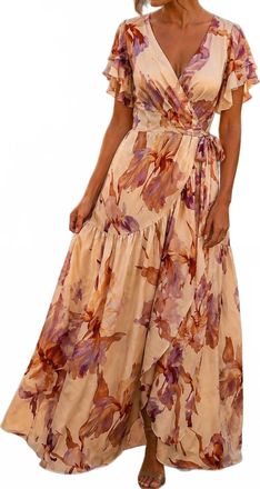 Fate Ruffled Asymmetrical Tiered Seam Maxi Wrap Dress In Champagne Multi