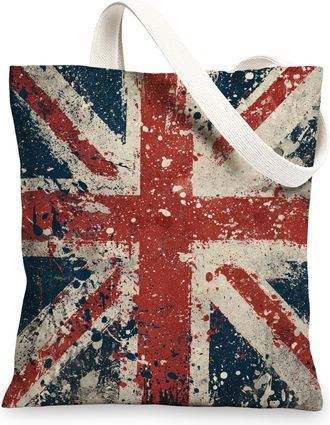 Generic Union Jack Canvas Tote Bags, Artistic British Flag Pattern Reusable Grocery Bags, Lightweight Washable Shoulder Strap for G, Red, 13x15 Inch