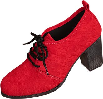 Generic Red Female Winter Season High Heels with Lace-Up Detail and 3.1 Inch Thick Heel for Leisure Activities