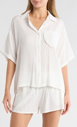 Betsey Johnson Heart Patch Cabana Button-Up Shirt & Shorts Cover-Up Set in White at Nordstrom Rack, Size X-Large
