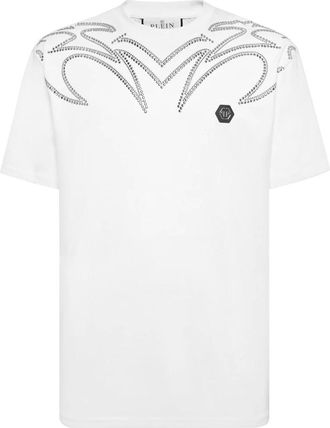 Philipp Plein Tops, Heren, Wit, XL, Katoen, Ronde Hals T-Shirt Texas Studs