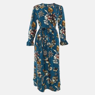 Max Mara S Max Mara Teal Blue Floral Print Silk Midi Dress
