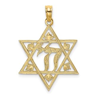 Diamond2Deal 14k Yellow Gold Textured Star Of David with Chai Charm Pendant