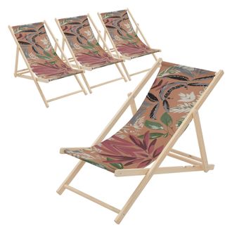 ECD Germany Ecd Germany 4x Sillas De Playa De Madera Con Dise&ntilde;o Floral Marr&oacute;n-rojo-verde Tumbona Plegable Con Respaldo Ajustable 3 Posiciones De Reclinaci&oacute;n Asien