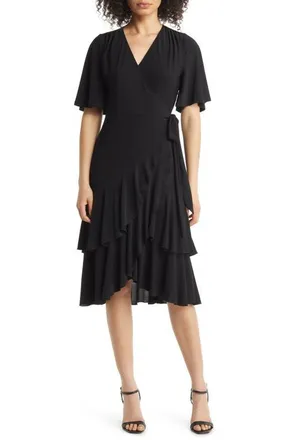 Kiyonna Miranda Midi Wrap Dress in Black Noir at Nordstrom, Size X-Large