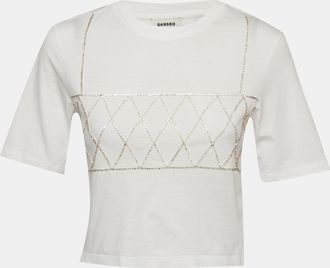 Sandro White Crystal Embellished Jersey Cropped T-Shirt