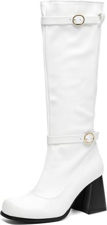 Generic Womens Square Toe PU Leather Platform Boots Pull on Wide-Calf Boots Chunky High Heel Western Cowboy Boot,White,7.5 UK